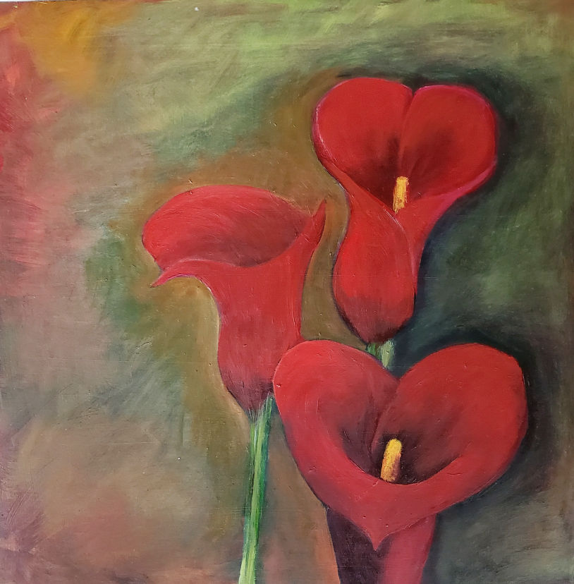 "Red Callas" oil on cradleboard 12x12